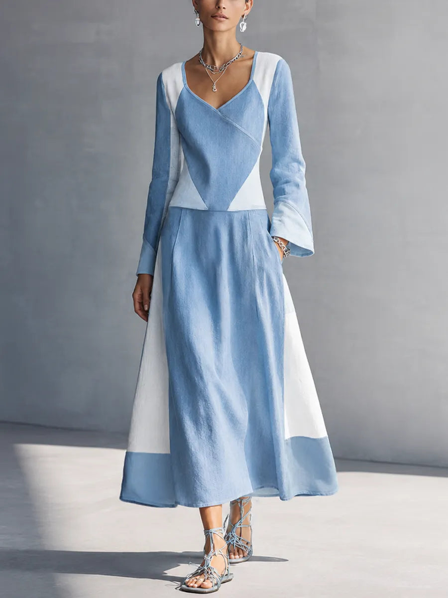 Women's Minimalist Style Light Blue Linen Cotton V Neck Flare Long Sleeve Geometric Color Block Midi Dress MDZ0147G5GMJ
