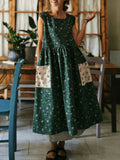 Dark Green Floral Pinafore Apron with Contrast Rose Pockets