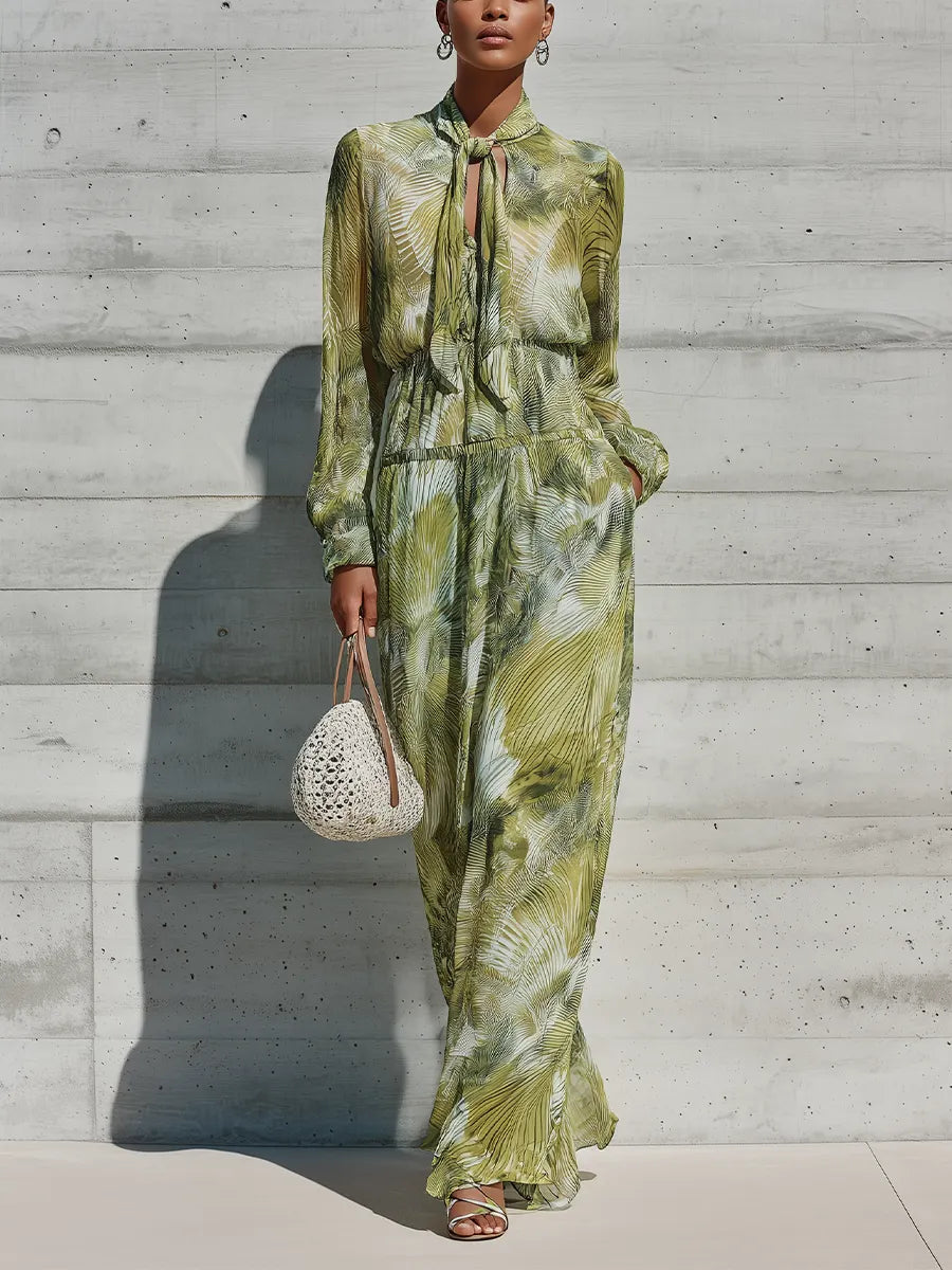 Women's Green Palm Leaf Print Chiffon Tie Neck Long Sleeve Drawstring Waist Side Pocket Maxi Dress MDZ1533G2YZJ