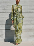 Women's Green Palm Leaf Print Chiffon Tie Neck Long Sleeve Drawstring Waist Side Pocket Maxi Dress MDZ1533G2YZJ