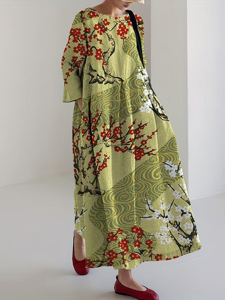 Women's Japanese Cherry Blossom Print Loose Midi Dress