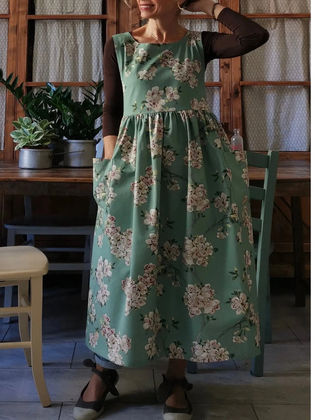 Green Apron with Peach Blossoms