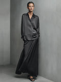 Women's Black Glossy Satin Matching Outfit With Turn Down Collar Shirt & Wide Swing Maxi Skirt, Versatile Evening Vacation Two-Piece Set MDZ1375G3LYL