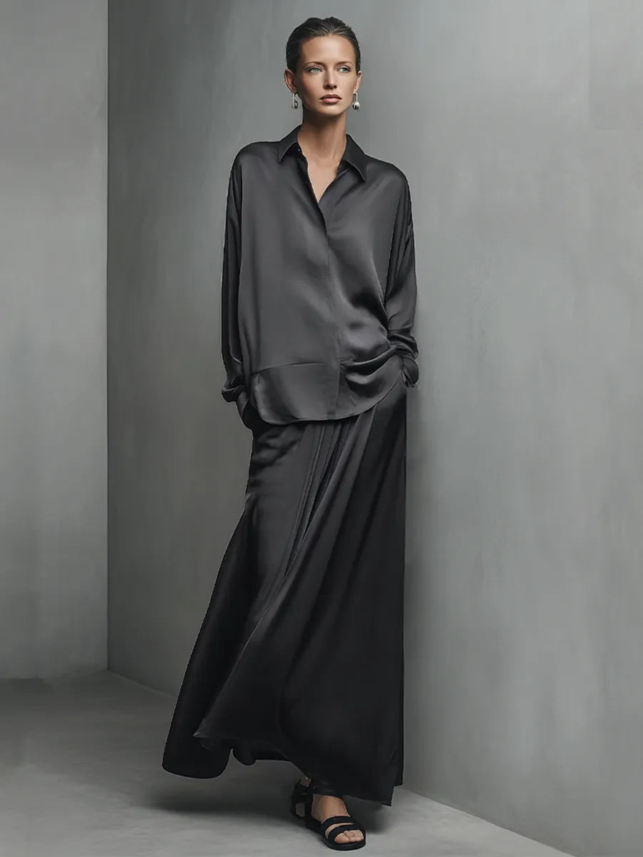 Women's Black Glossy Satin Matching Outfit With Turn Down Collar Shirt & Wide Swing Maxi Skirt, Versatile Evening Vacation Two-Piece Set MDZ1375G3LYL