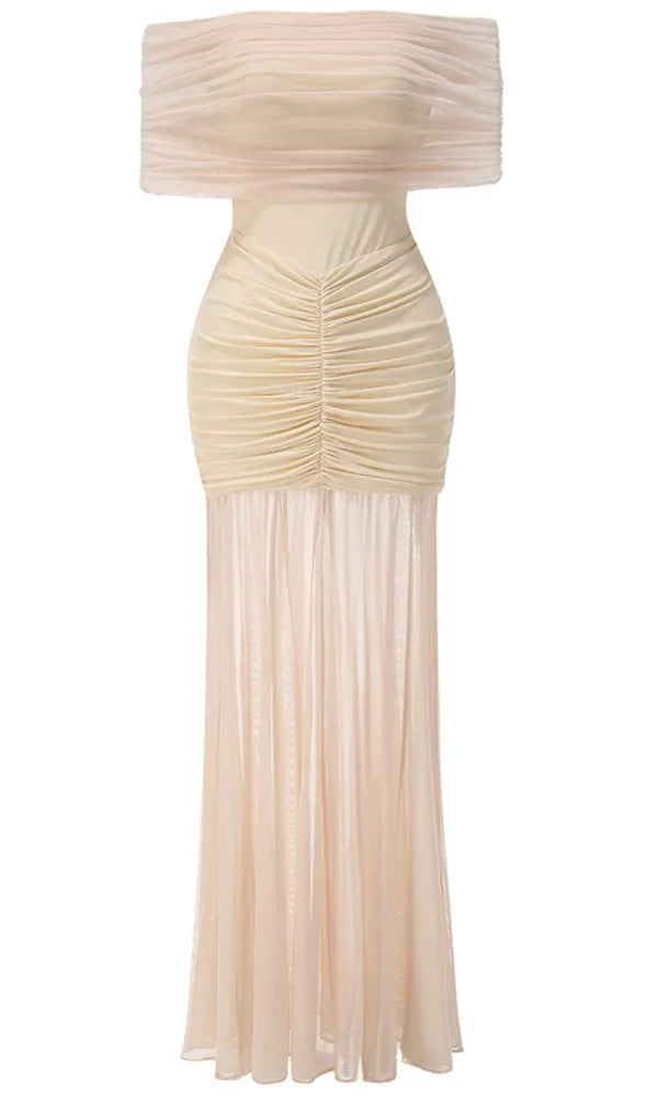 Bardot Ruched Maxi Dress Ivory