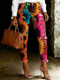 Women's Retro Colorful Sunflower Leopard Print Art Ripped Skinny Jeans