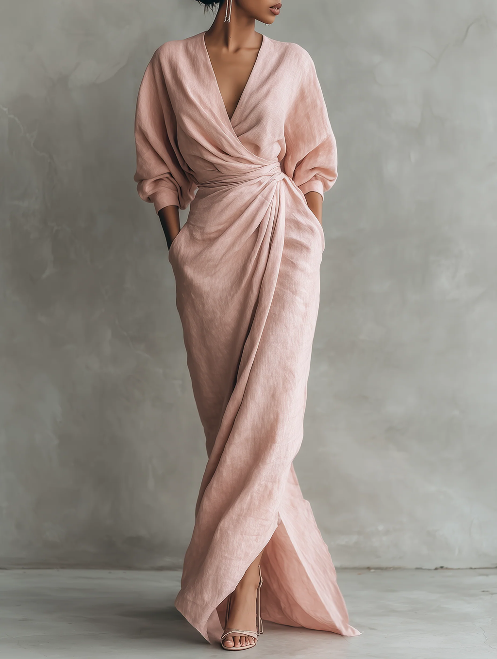 Light Pink Minimalist V-neck Maxi Dress