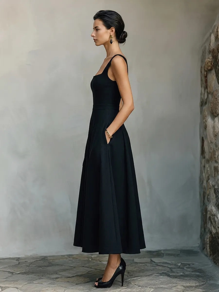Women's Black Cotton-Blend Maxi Dress With Wide Square Neck Thick Straps & Side Patch Pockets, Minimalist Elegant Formal Swing Dress MDZ2269F2LYL