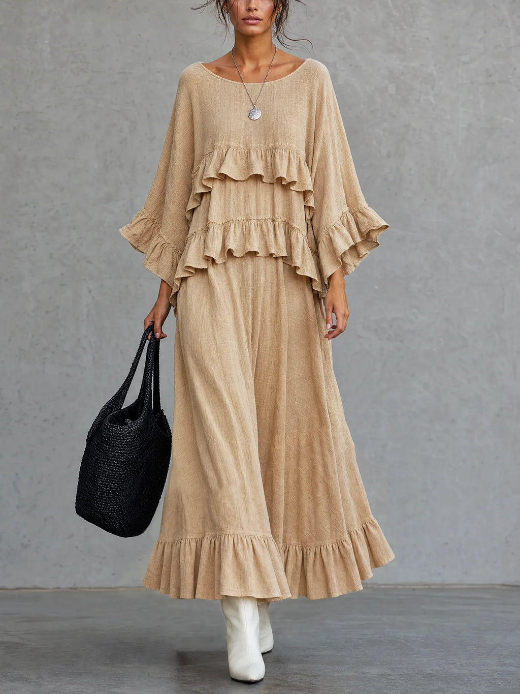 Women's Casual Khaki Long-sleeve Maxi Dress With A Textured Woven Finish And Round Neck MDZ2343G8LXY