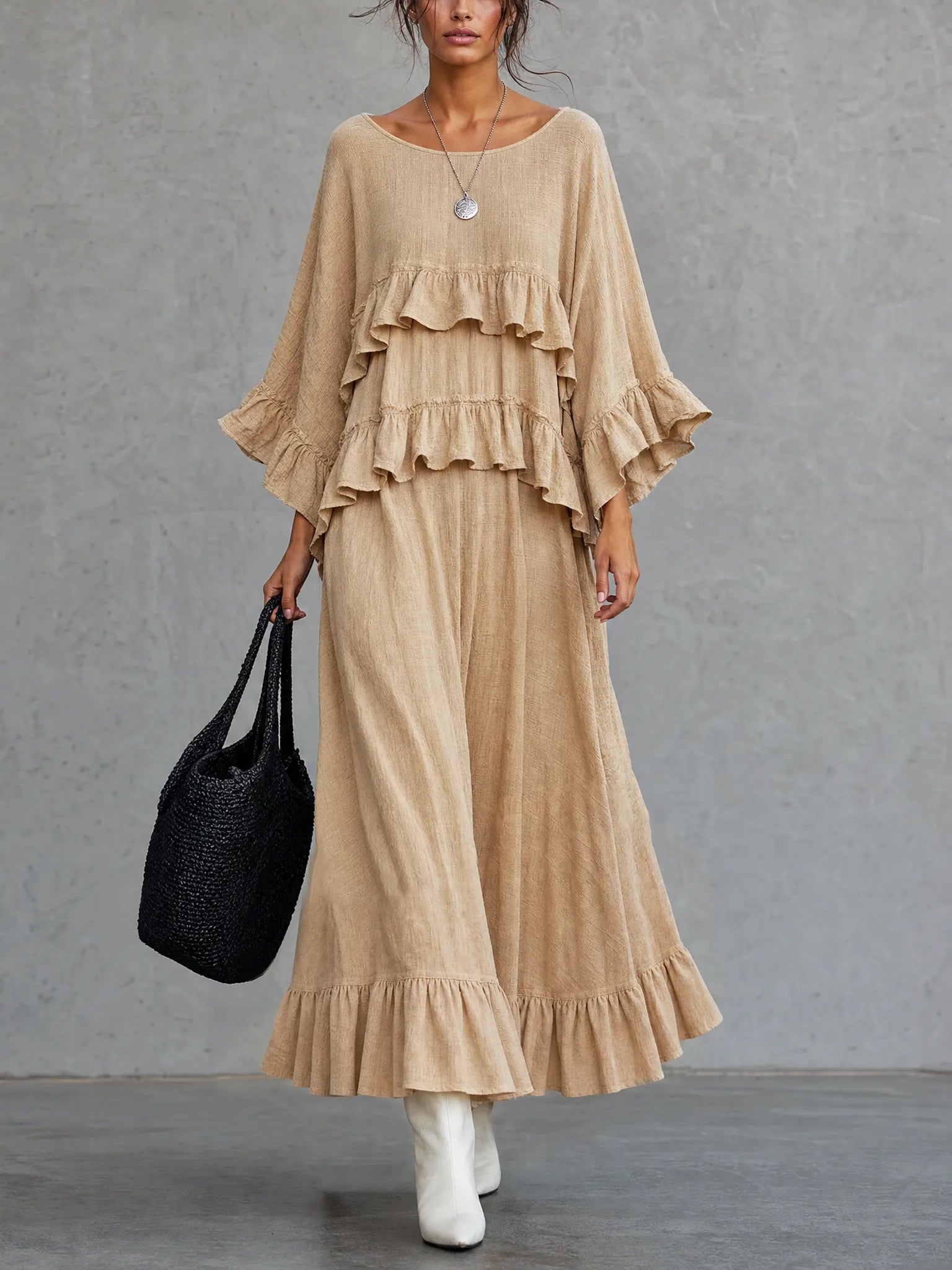 Women's Casual Khaki Long-sleeve Maxi Dress With A Textured Woven Finish And Round Neck MDZ2343G8LXY