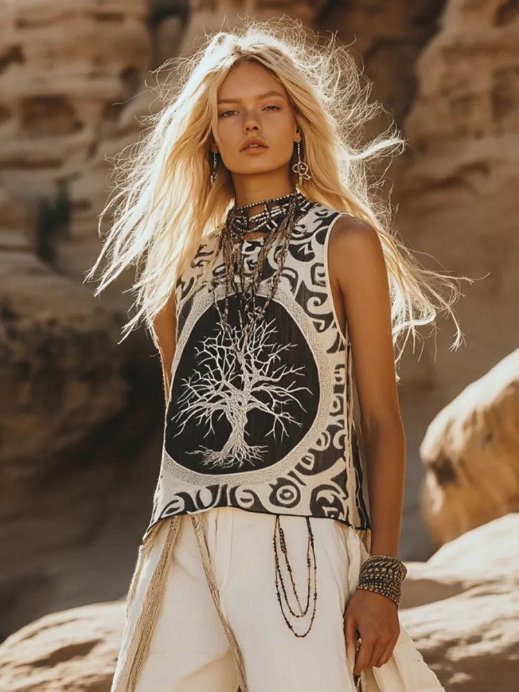 Women's Viking  Tree Of Life Tribal  With Celtic Knot Pattern Art Linen Sleeveless Top