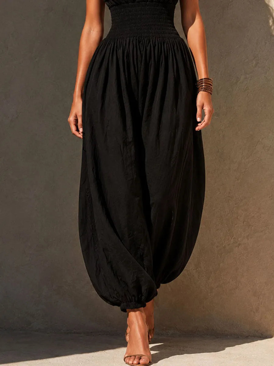 Boho Black Cotton Blend Smocked Waist Halter Balloon-Leg Jumpsuit