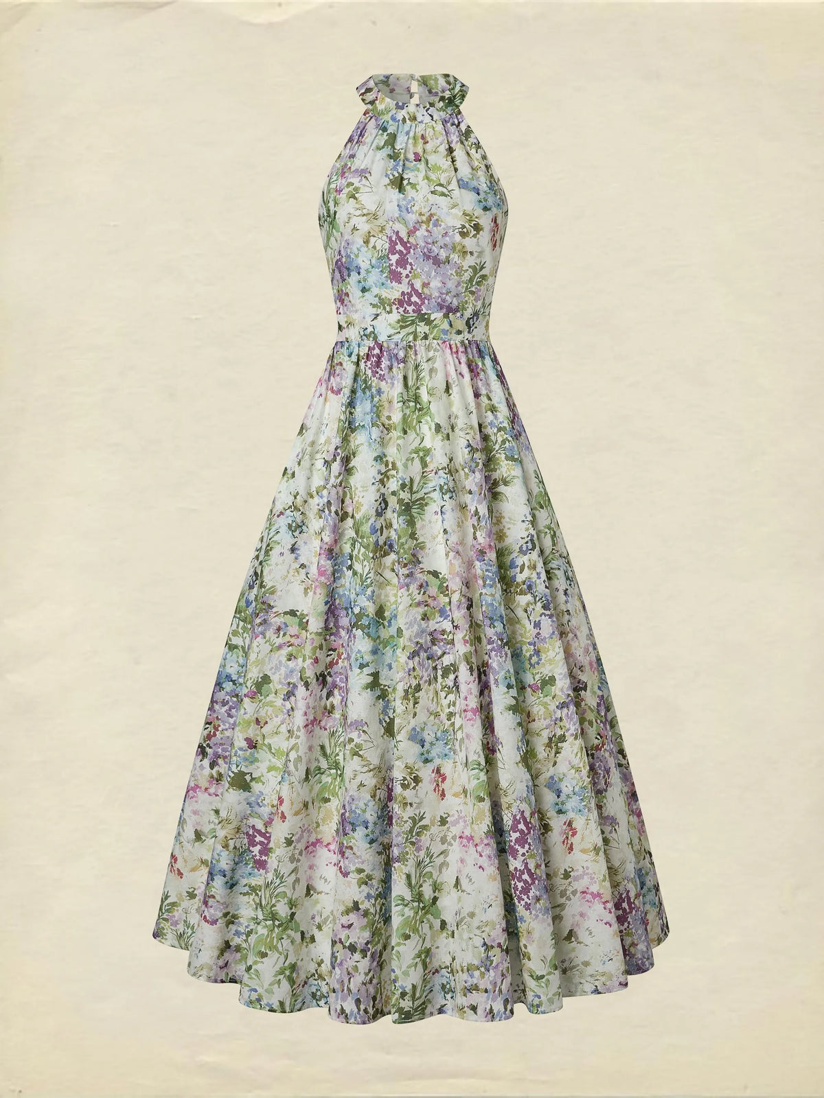Maxi Cotton Dress, Sleeveless, Halter, Floral, Vacation, Vintage, White