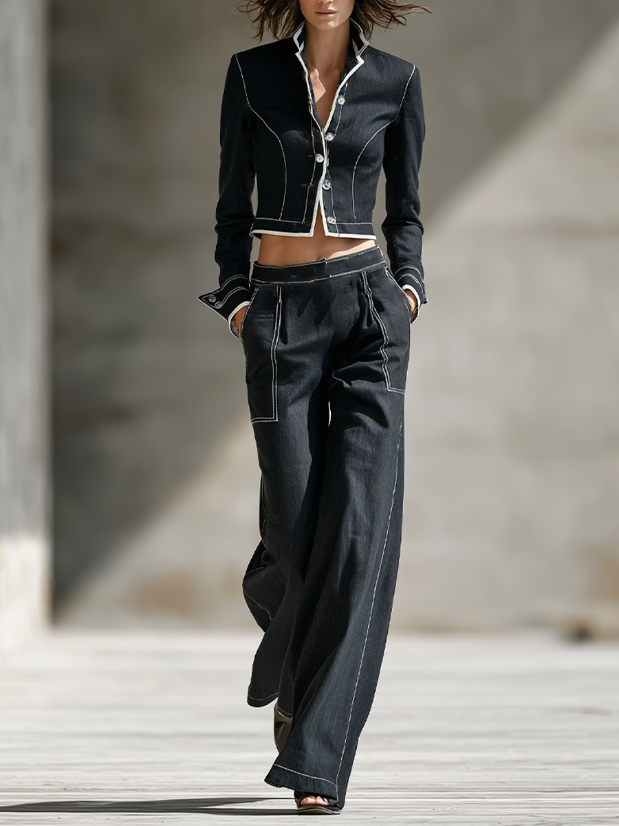 Women's Black Cotton Blend Two-Piece Set With White Contrast Stitch Crop Jacket & High Waist Wide Leg Trousers, Minimalist Retro Street Matching Outfit MDZ1565G3LYL