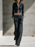 Women's Black Cotton Blend Two-Piece Set With White Contrast Stitch Crop Jacket & High Waist Wide Leg Trousers, Minimalist Retro Street Matching Outfit MDZ1565G3LYL