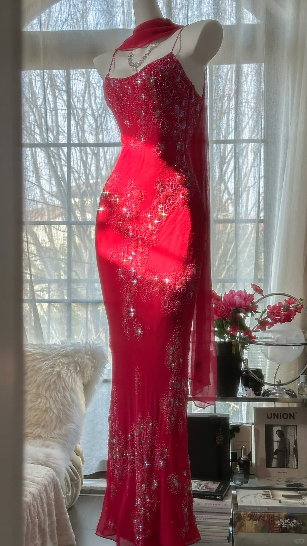 Red Romantic Gorgeous Fashion Elegant Exquisite Beaded Long Chiffon Ball Gown Evening Dress Birthday/Wedding Guest/Vacation Party Dress Prom Dress Valentine's Day Date Dress 4027