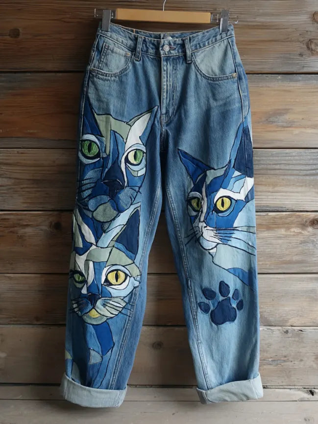 Vintage Cat Embroidered Washed Jeans