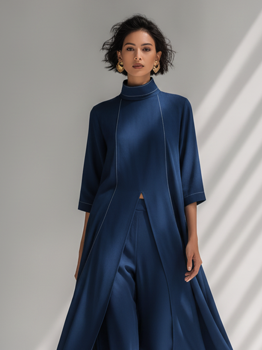 Women's Navy Blue Light Chiffon Co-Ord With Contrast White Stitch Seam Tunic & High Waist Flowy Trousers, Modern Effortless-Chic Smart Casual Two-Piece Set MDZ2943F9LYL