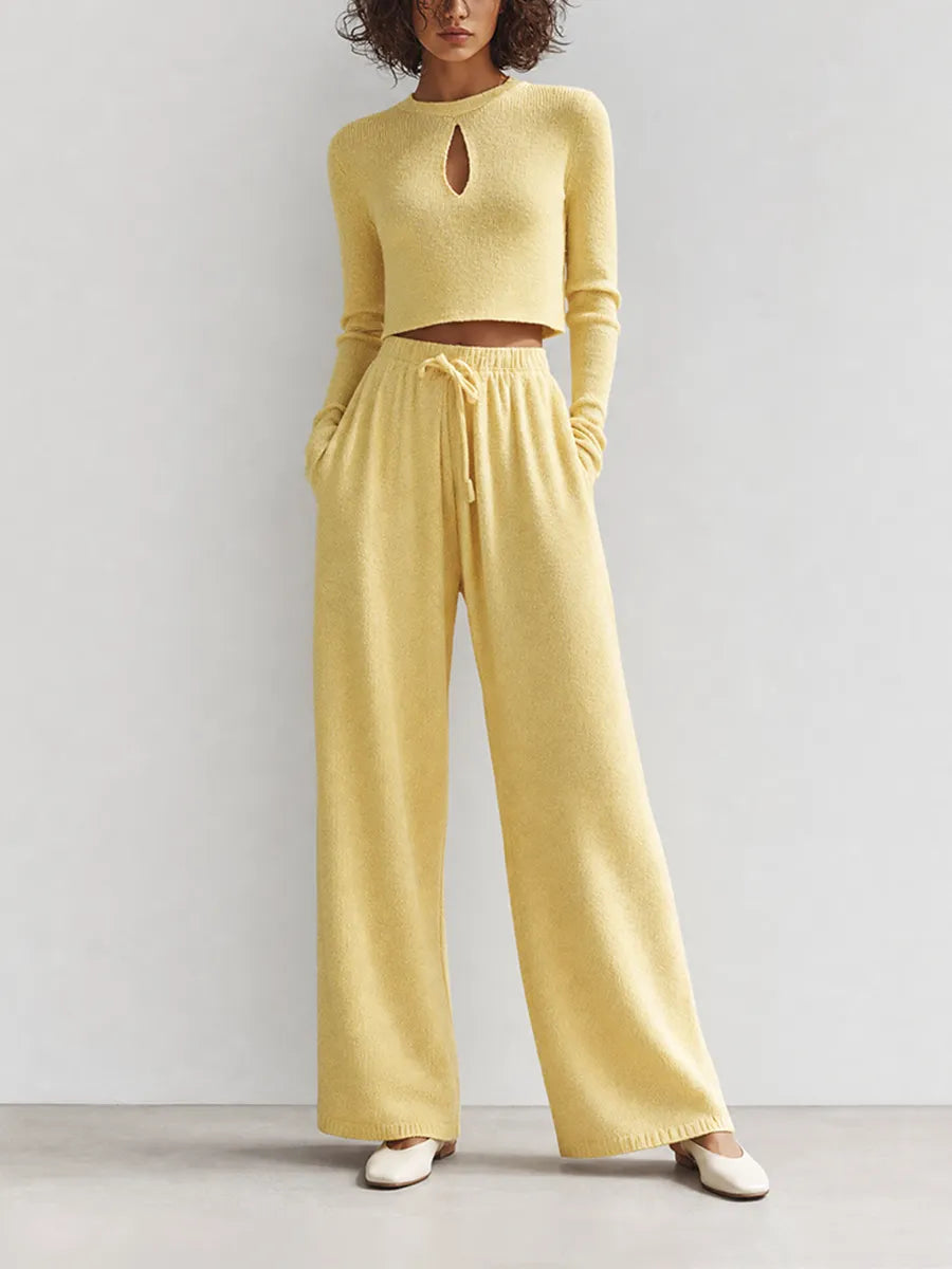 Women's Elegant Casual Light Yellow Knit Round-Neck Keyhole Long-Sleeve Cropped Top & Drawstring Wide-Leg Trouser Set MDZ2406G2CMX