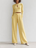 Women's Elegant Casual Light Yellow Knit Round-Neck Keyhole Long-Sleeve Cropped Top & Drawstring Wide-Leg Trouser Set MDZ2406G2CMX