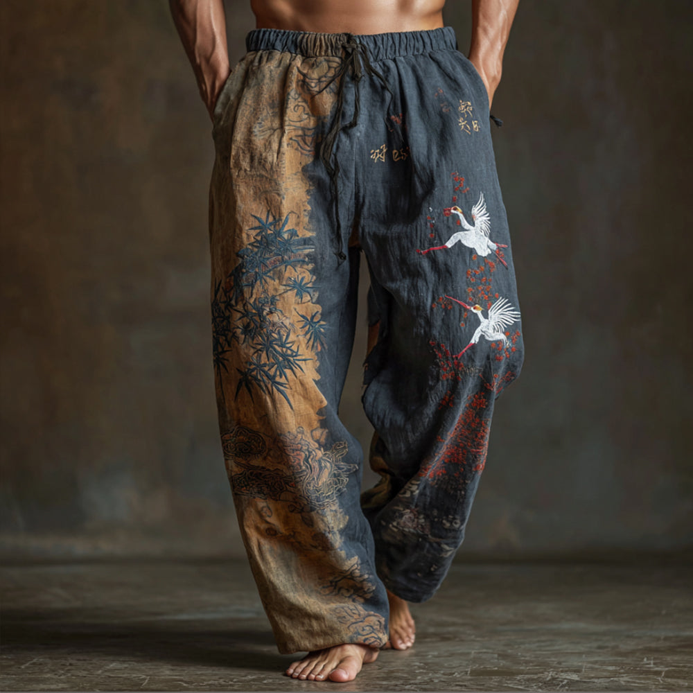 Japanese Art Bamboo Forest Gradient Art Cotton Linen Casual Trousers