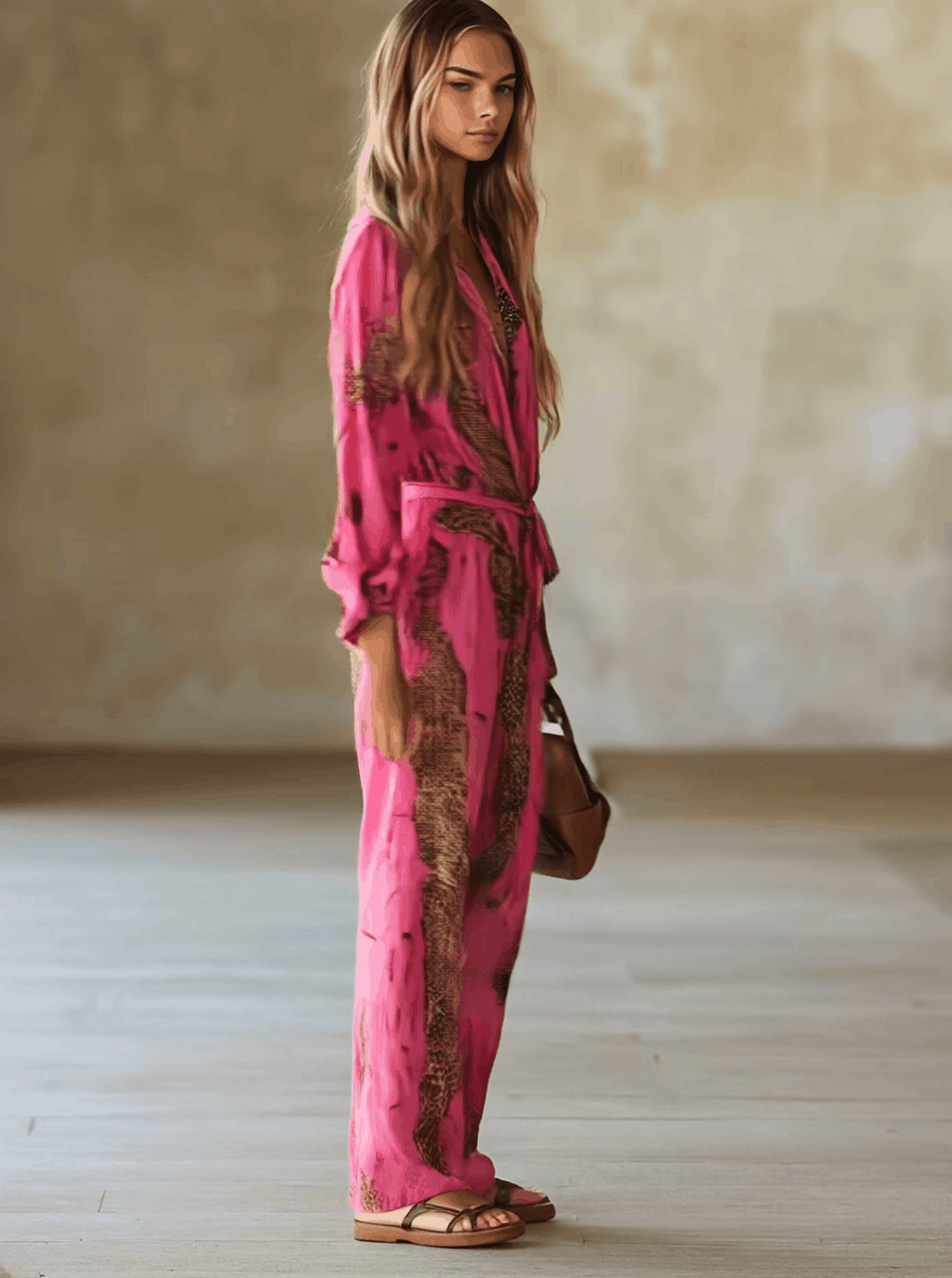 Casual Loose Rose Red Chiffon Leopard Print Long-Sleeved Jumpsuit