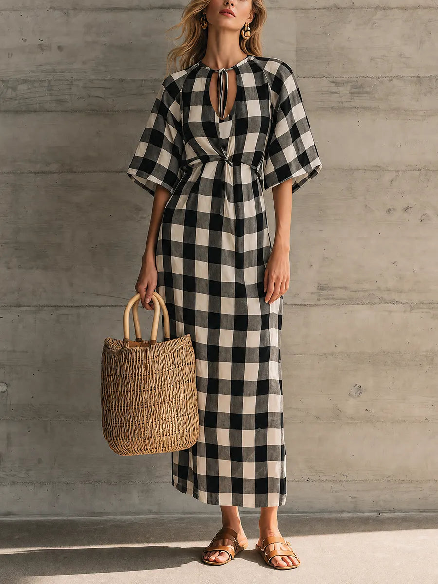 Women’s Black White Gingham Keyhole Tie Neck Raglan Short Sleeve Front Twist Waist Loose Maxi Dress MDZ1311G8YZJ
