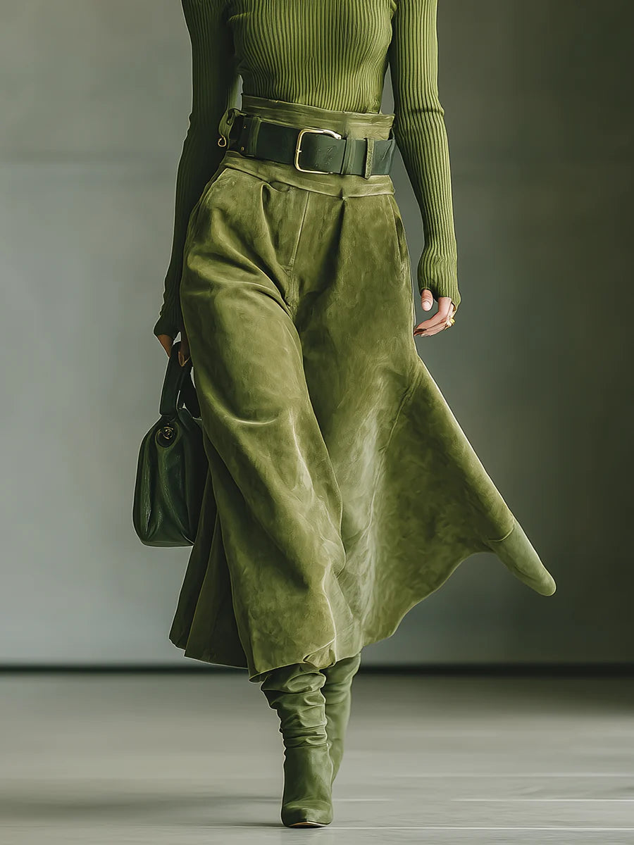 Olive green off-shoulder top and faux suede skirt set(Includes belt)