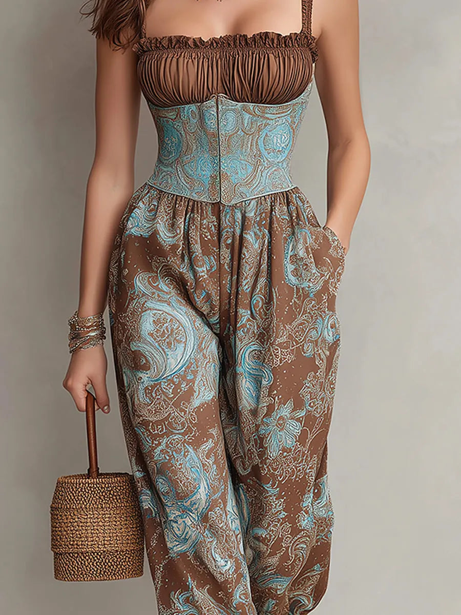 Retro Smocked Paisley-Print Lantern-Leg Jumpsuit