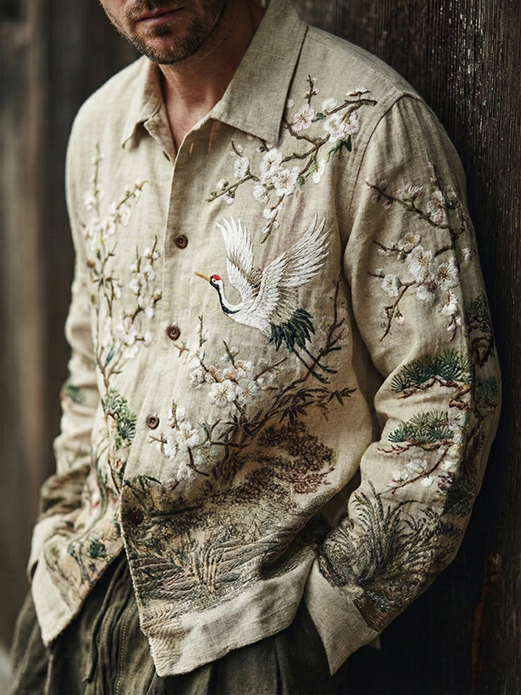Men's Japanese Flower And Crane Embroidery Art Print Long Sleeve Shirt