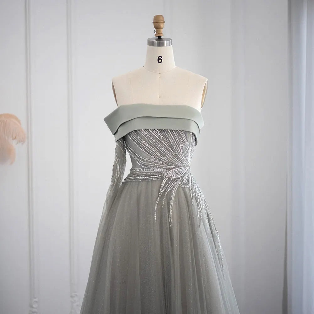 Dreamy Vow Olive Green Luxury Dubai Evening Dress with One Sleeve Beaded Arabic Women Formal Party Dresses for Wedding 330