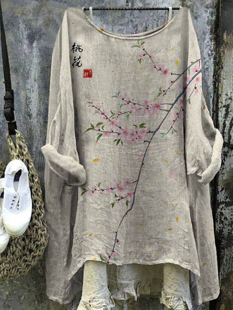 Vintage Japanese Art Floral Linen V Neck Comfy Shirt