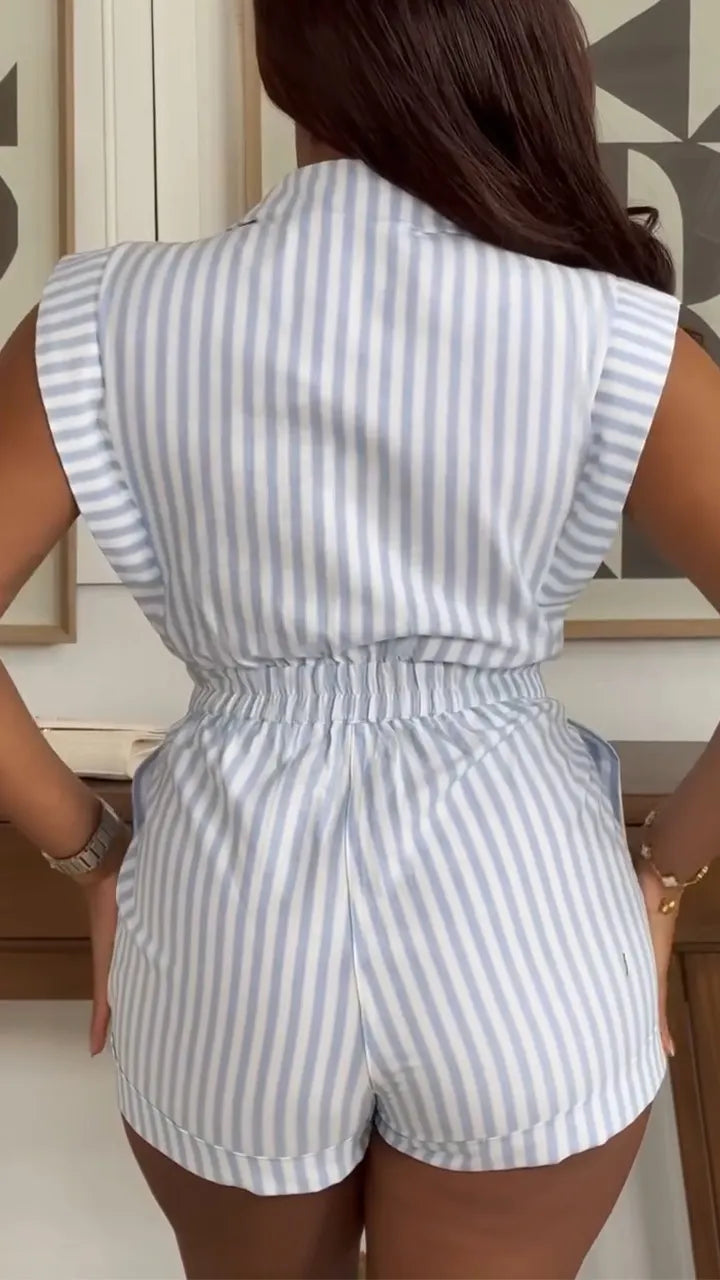 Women Collar Vertical Stripe Top+ Pants Casual Suit