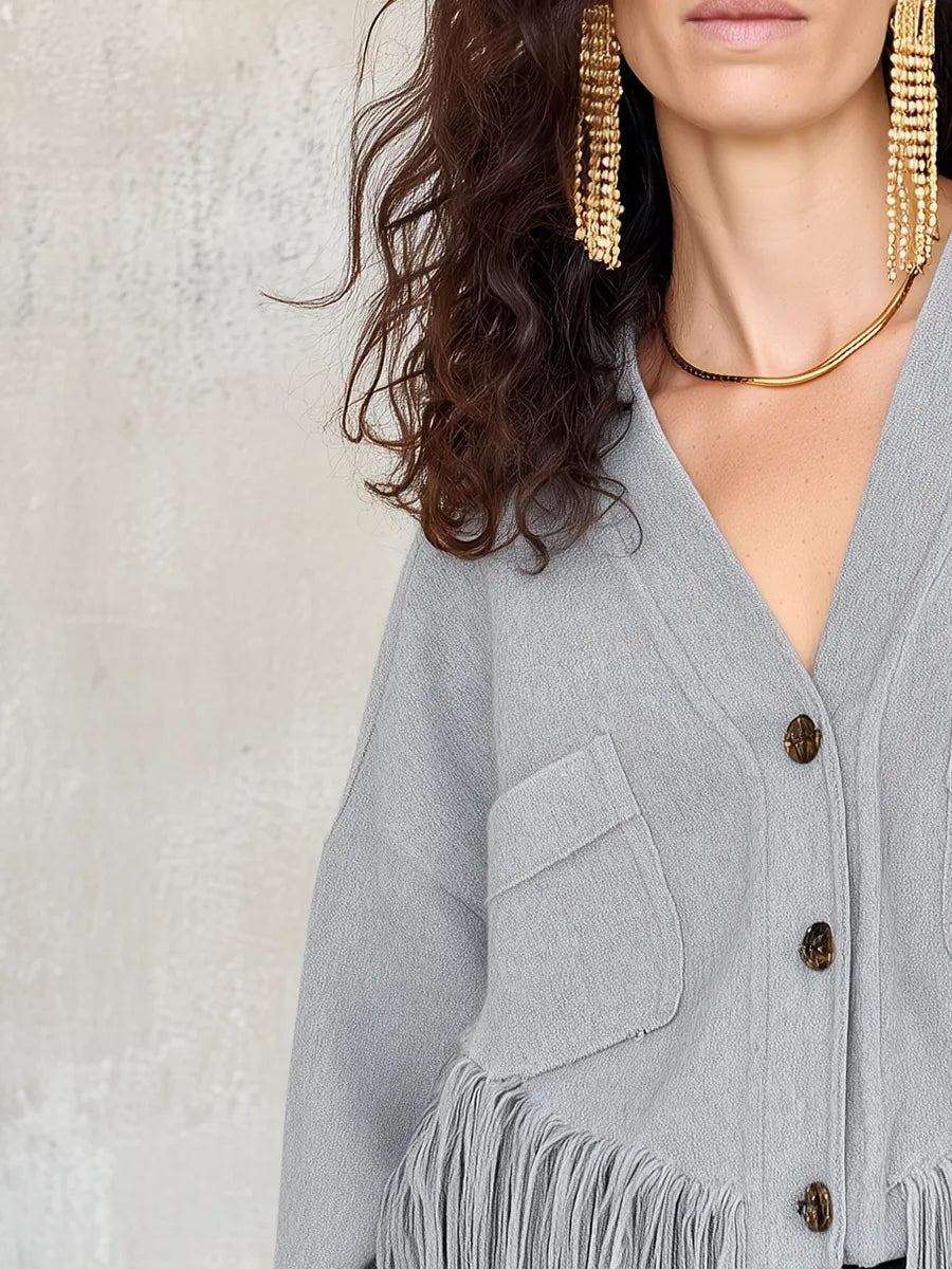 Relaxed Light Gray Fringe Cardigan