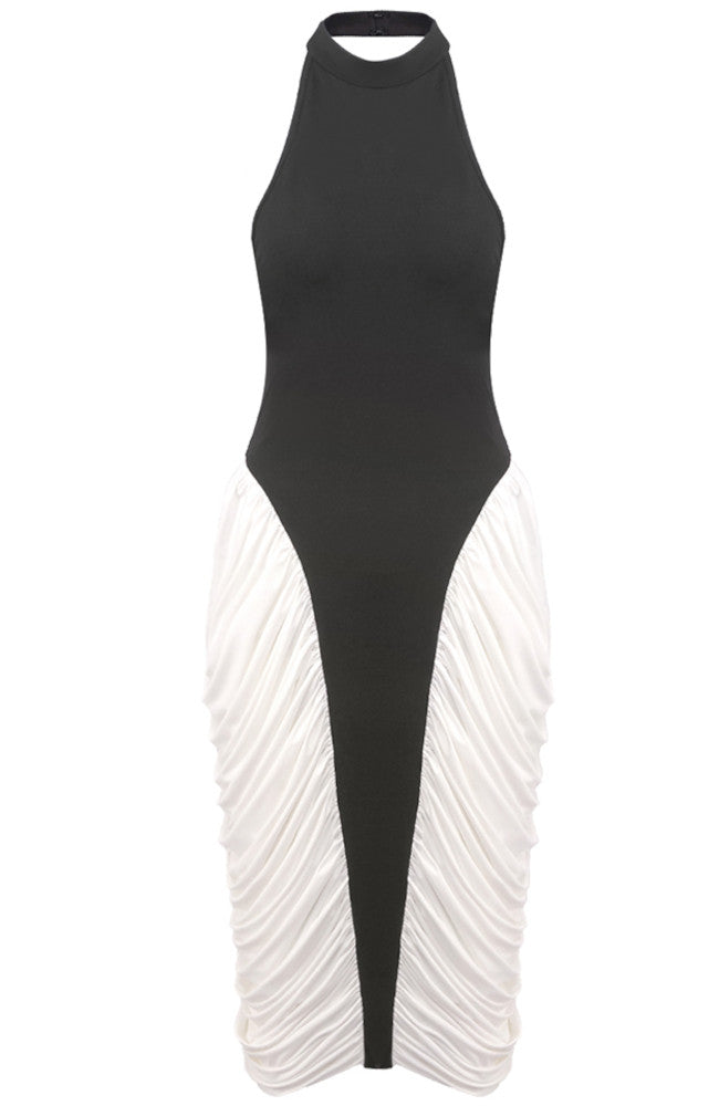 Halter Draped Midi Dress Black White