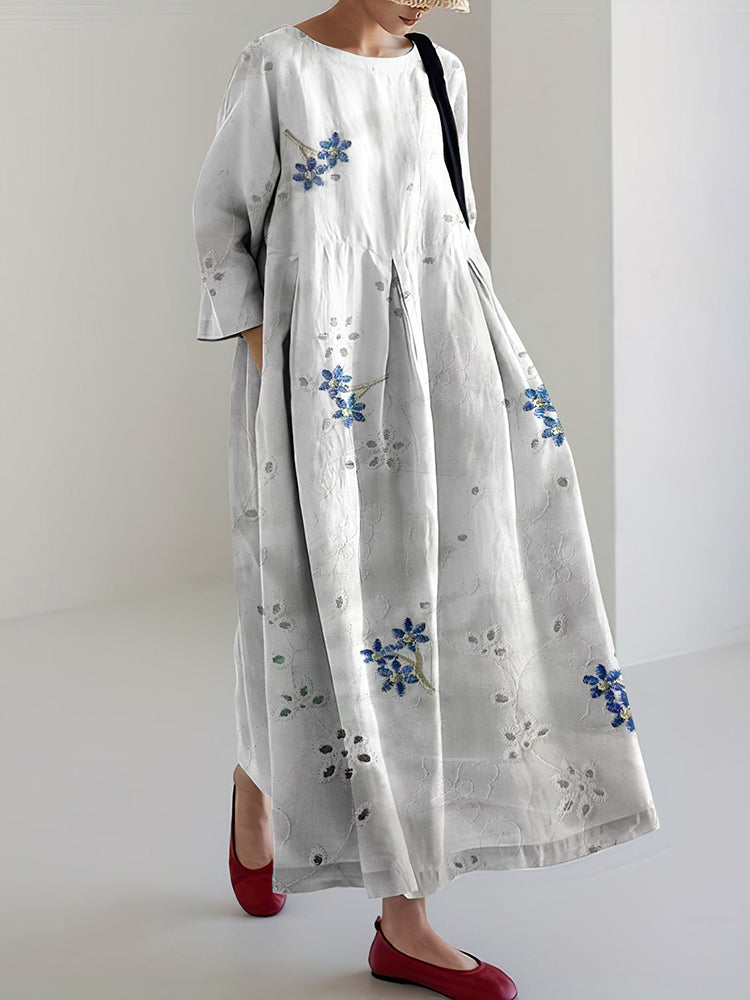 Women Vintage Floral Lace Embroidery Casual Long Sleeve Midi Dress