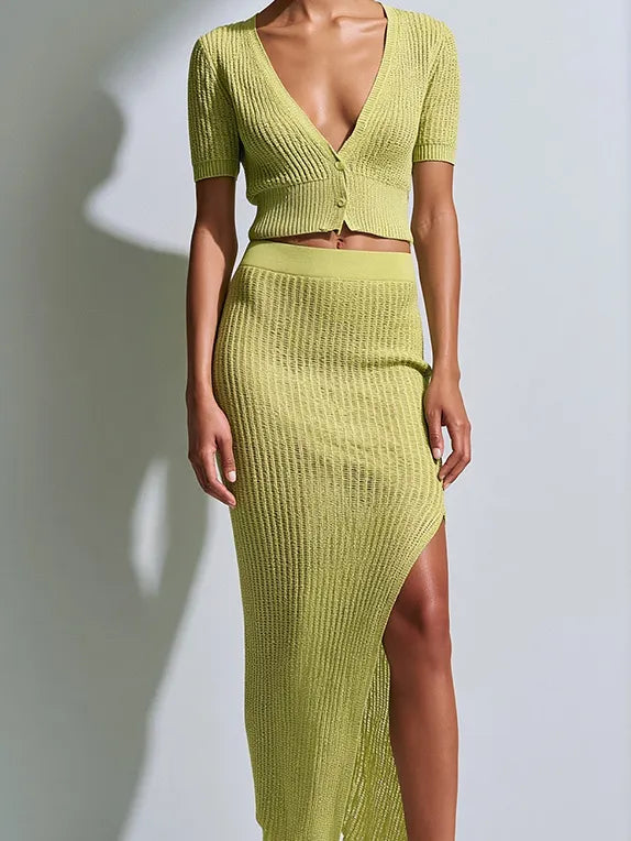 Women's Chic Lime Green Ribbed Knit V-Neck Button-Front Short Sleeve Cropped Cardigan And Side Slit Midi Skirt Two-Piece Set MDZ1376G2ZSQ