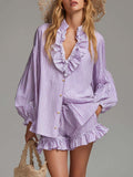 Retro Bohemian Resort Ruffled V-Neck Purple Striped Shirt And Shorts Set