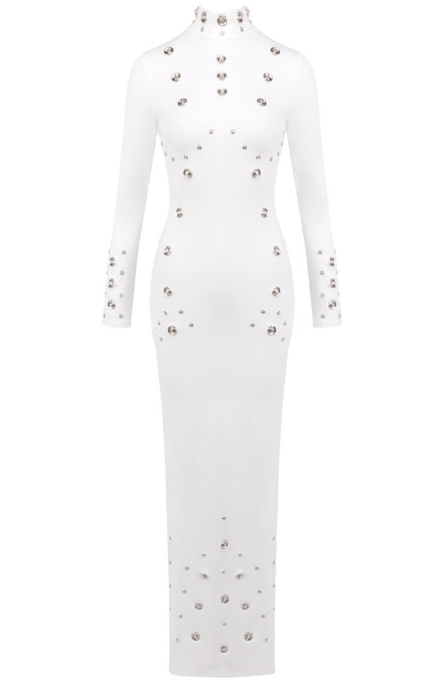 Long Sleeve Studded Maxi Dress White