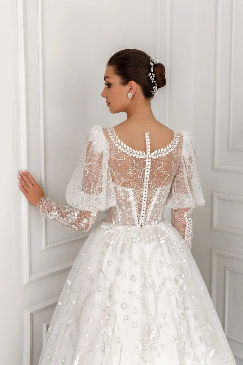 Designer Long Half puff sleeve V-neckline Corset Reflective glitter Sparkling Sequin handmade applications A-line princess wedding dress