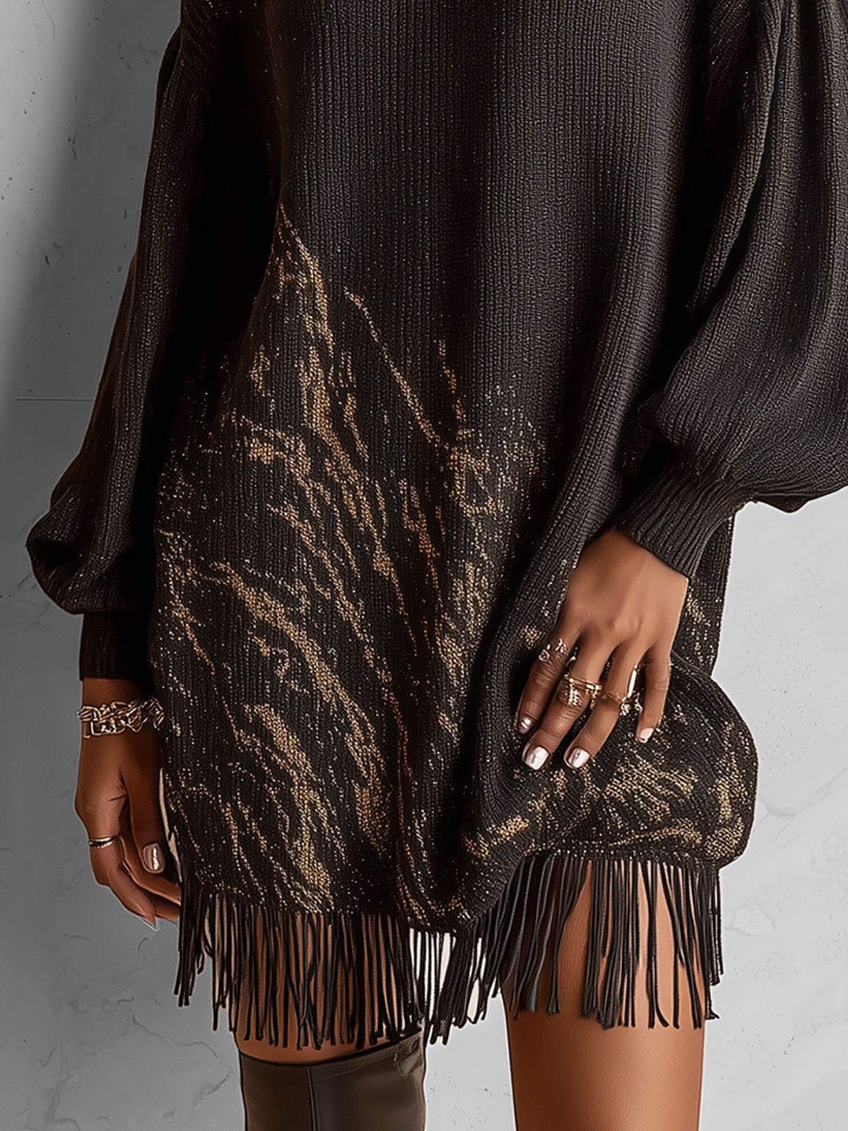Black Gold Marbled Fringe Hem Oversized Crew Neck Knit Mini Sweater Dress