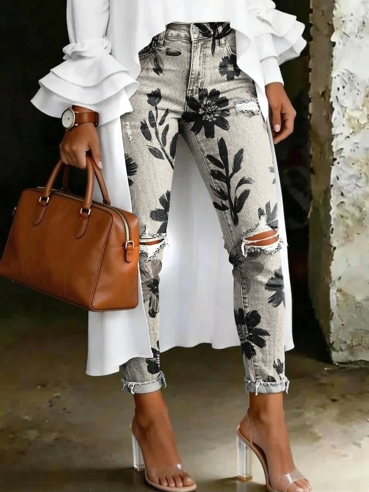 Women's Fashion Retro Ink-wash Floral Artistic Print Casual High-waisted Ripped Skinny Jeans