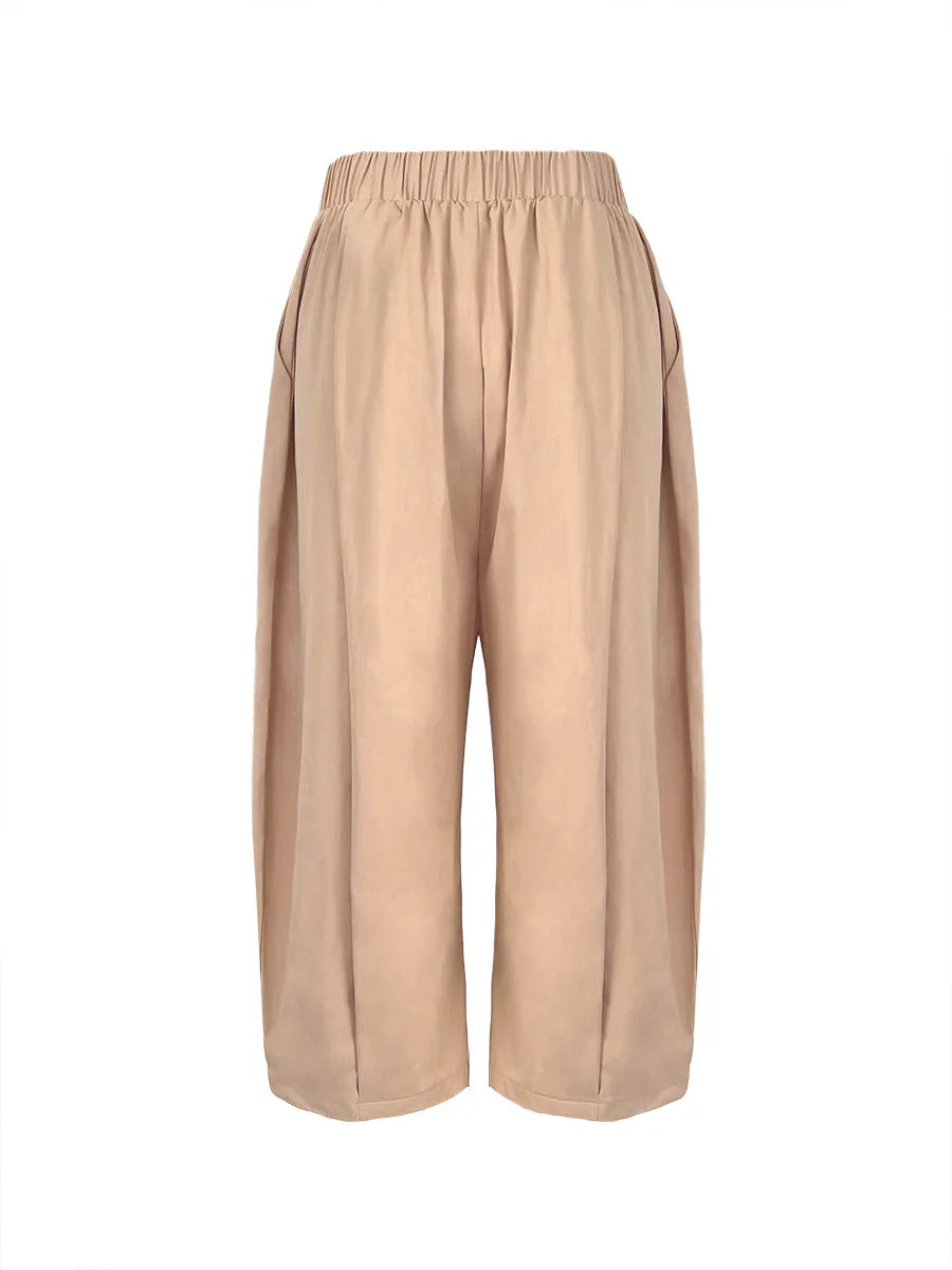 Loose Wide Leg Pleated Pockets Solid Color Pants