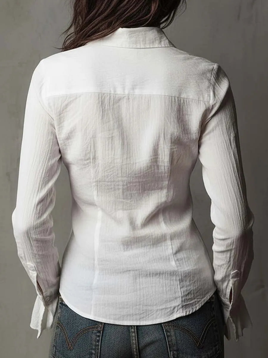 Vintage-Inspired White Button-Up Ruffle Cuff Shirt