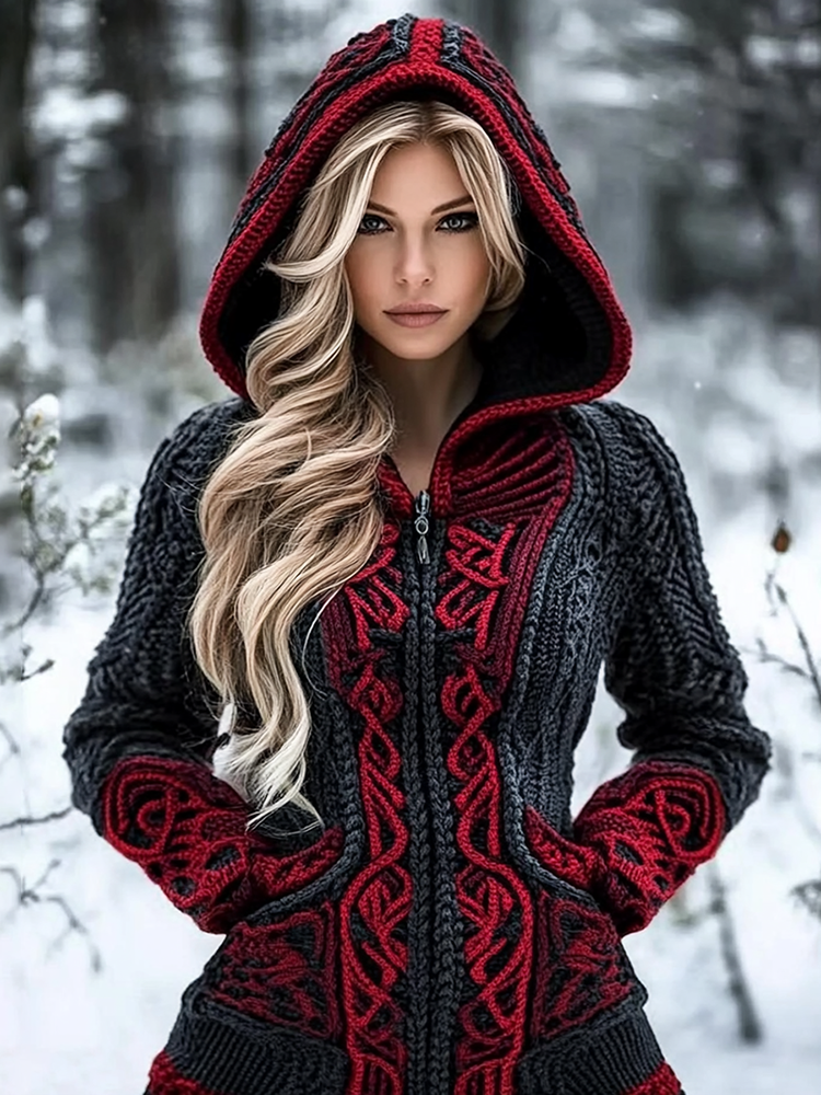 Women's Viking Celtic Knot Jacquard Knit Zipper Hooded Sweater