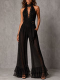 Boho Romantic Black Lace Waist Tie Halter Sheer Pleated Wide-Leg Jumpsuit