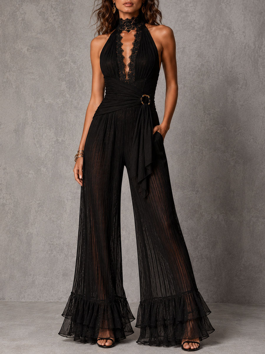 Boho Romantic Black Lace Waist Tie Halter Sheer Pleated Wide-Leg Jumpsuit