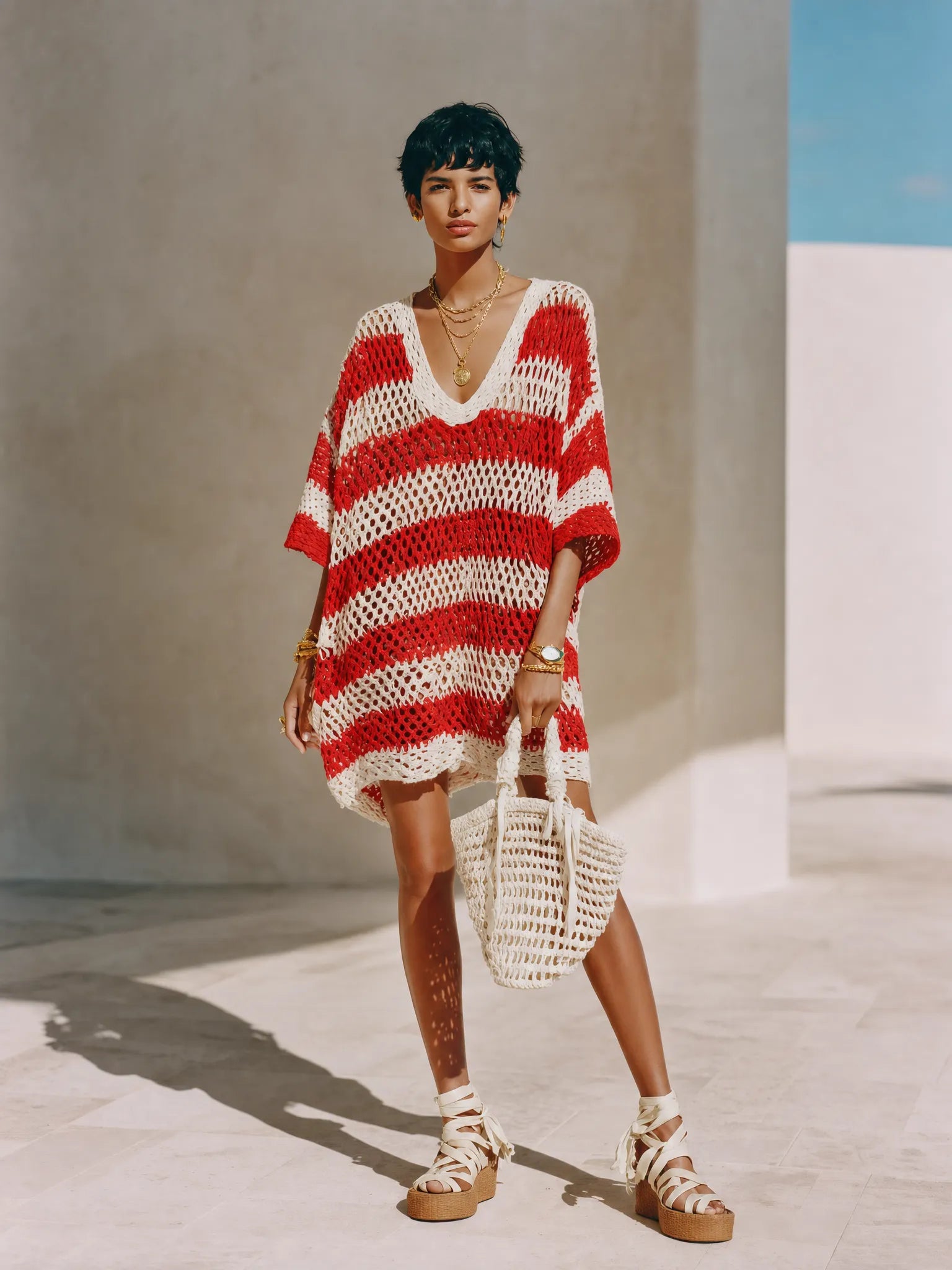 Women's Coastal Style Red And White Striped Cotton Blend Open Crochet V-Neck Short Sleeve Kaftan Cover-Up Mini DressMDZ2017G5ZSQ