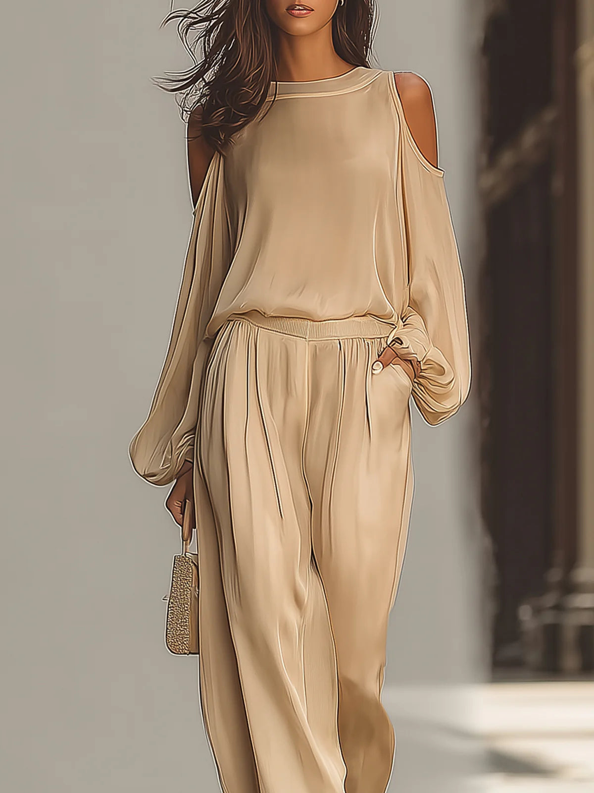 Off-the-shoulder Lantern Sleeve Satin Wide-leg Set