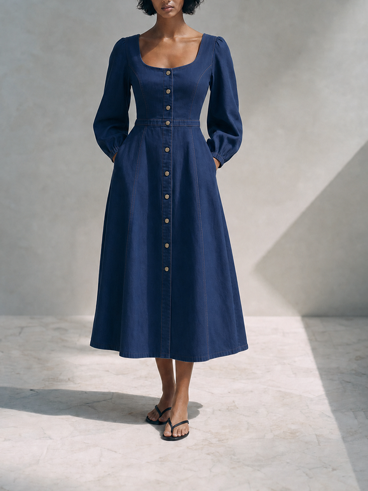 Women's Modern Navy Blue Cotton Linen Blend Square Neck Puff Sleeve Button-Front A-Line Midi DressMDZ2090G6ZSQ